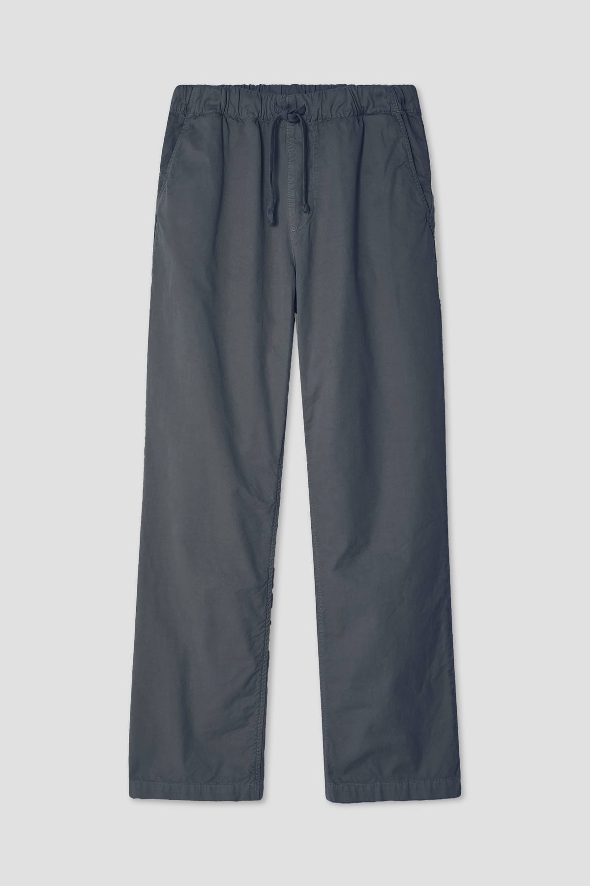 Dark slate blue chino pants with elastic waist and drawstring, relaxed wide leg