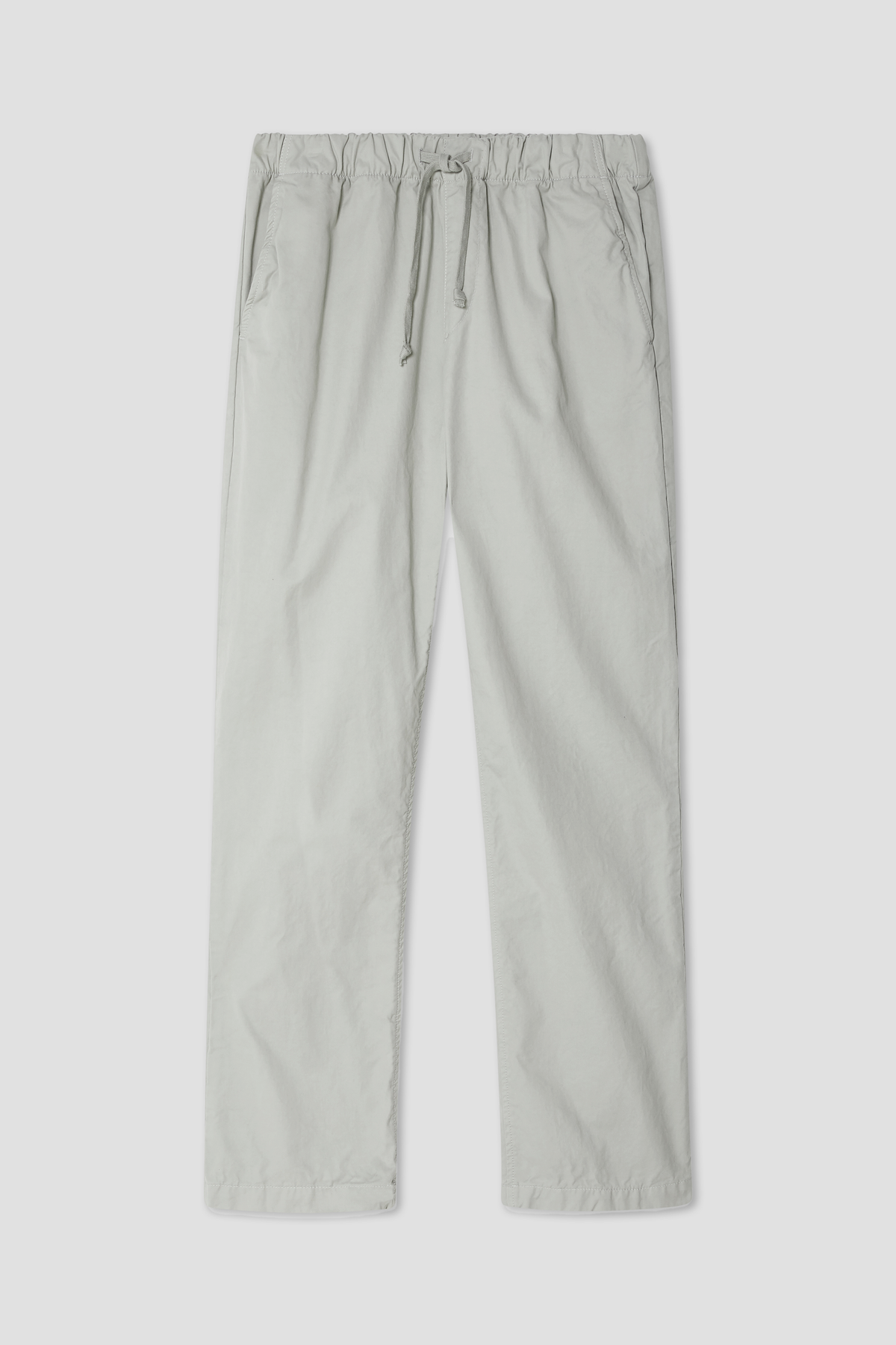 Light gray twill easy chino pants with elastic waistband and drawstring, straight legs