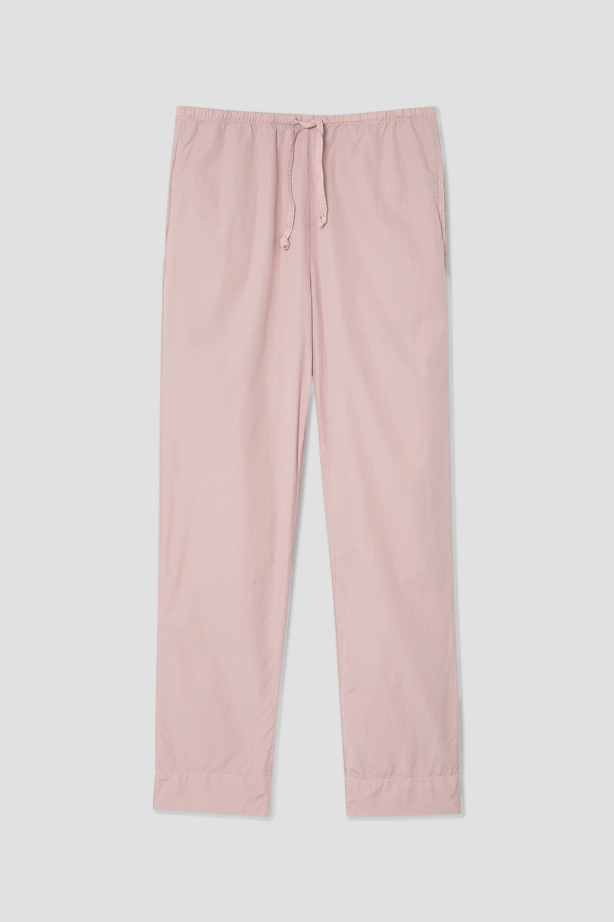Dusty pink poplin drawstring pants with elastic waist and tapered straight legs
