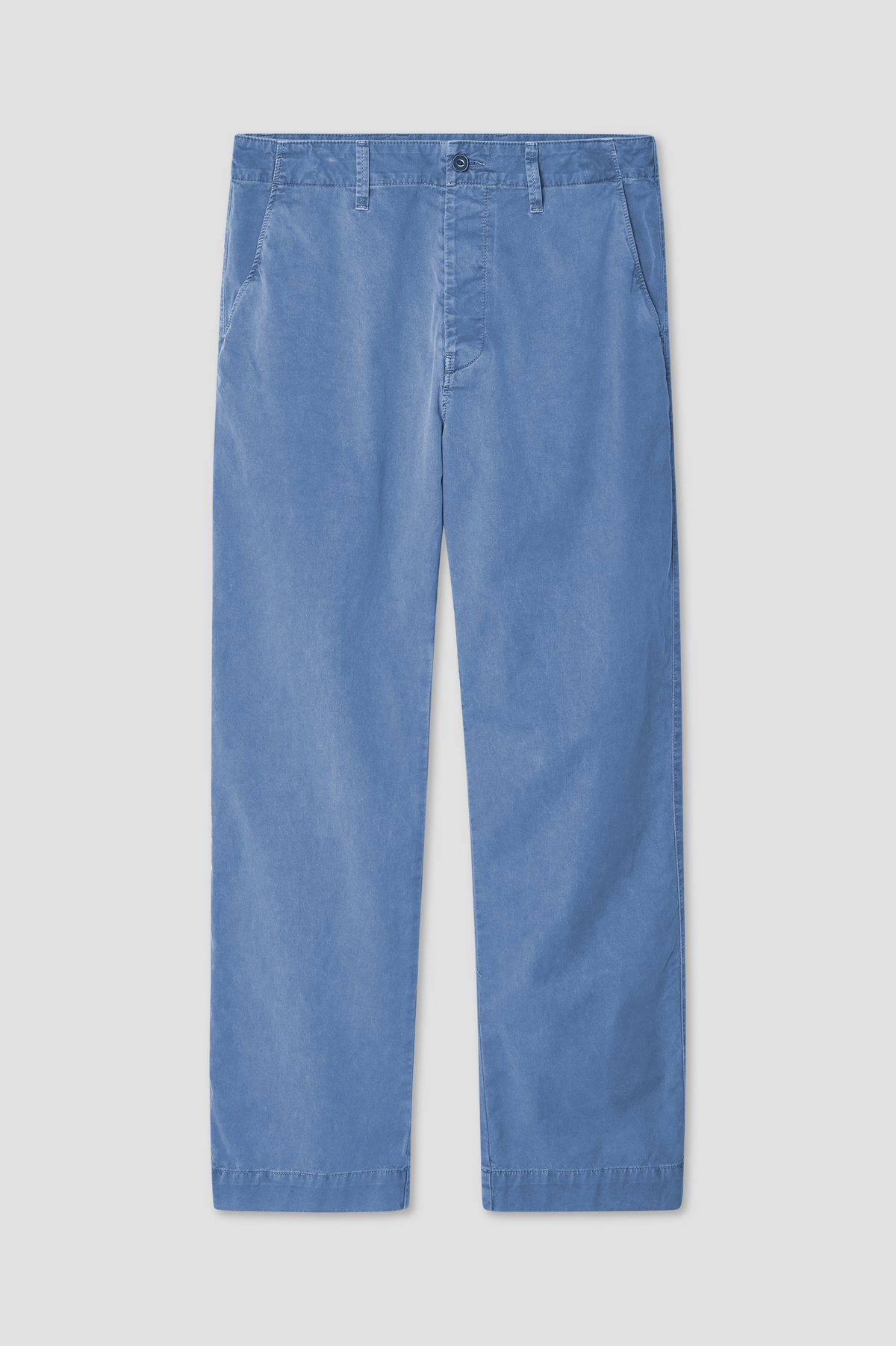 Light blue chino pants with straight leg, button closure, and belt loops