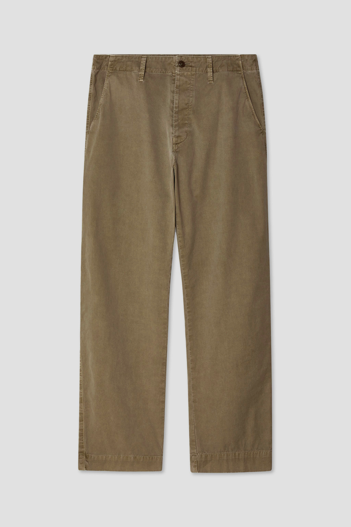 Brown chino pants with straight leg, button closure, and belt loops