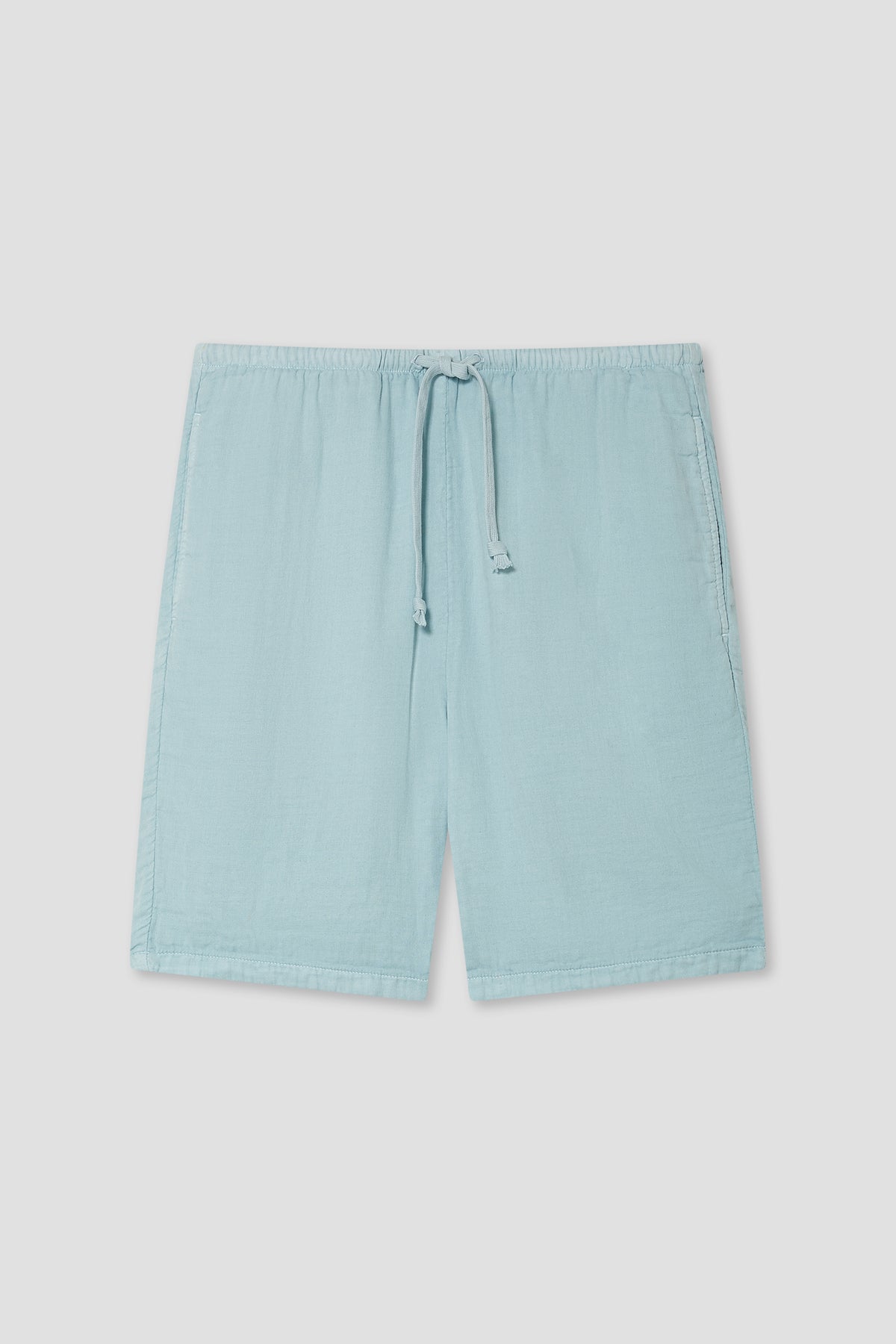Light blue triple gauze lounge short with elastic waist and drawstring tie