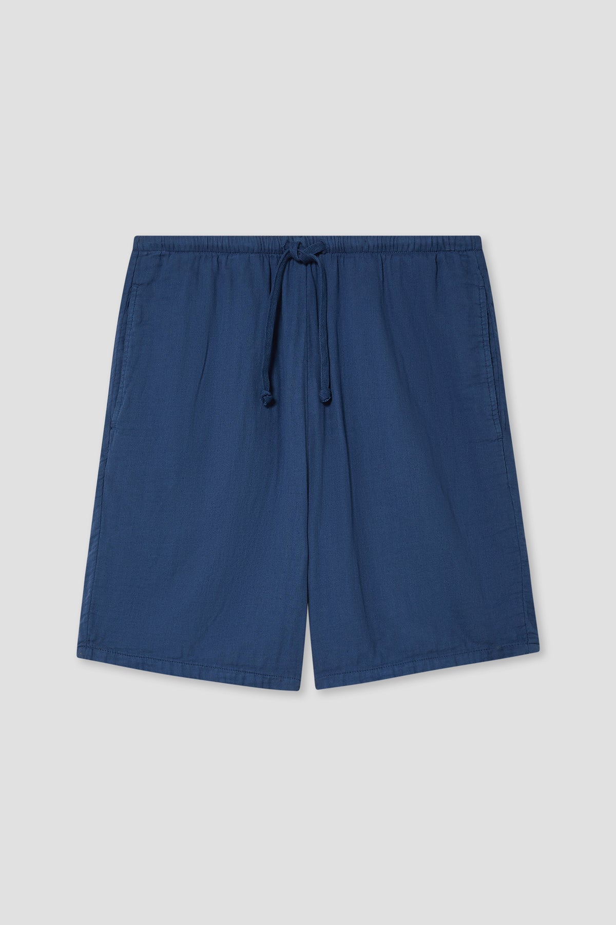 Navy triple gauze lounge short with elastic waist and drawstring tie