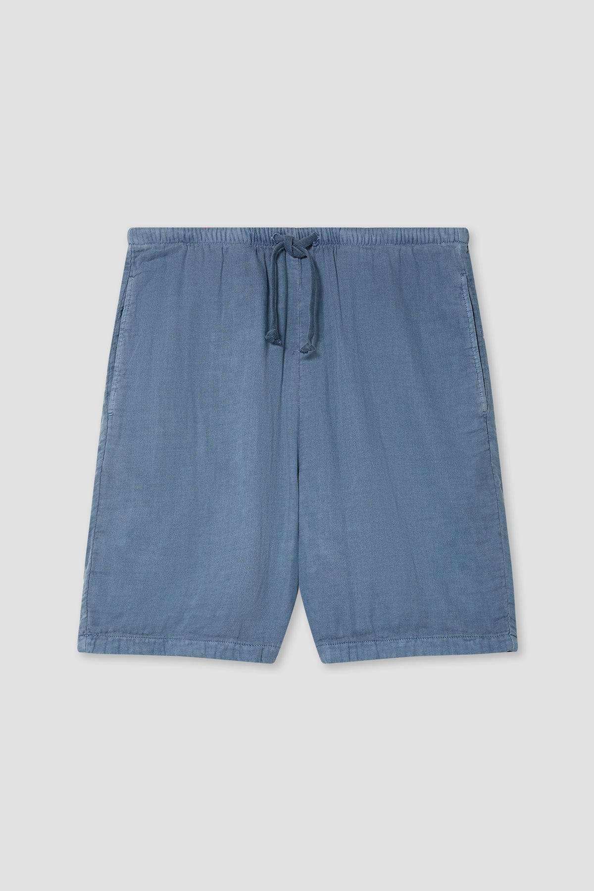 Blue lounge shorts with elastic waistband and adjustable drawstring