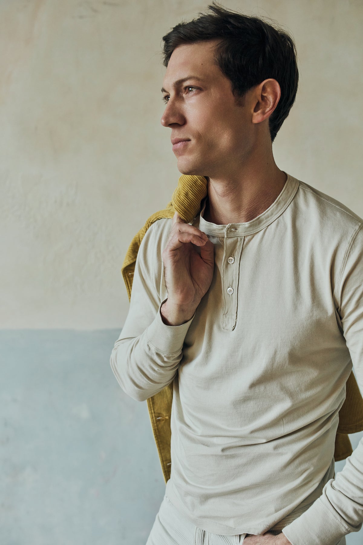 Long sleeve supima jersey henley shirt in light neutral with small button placket