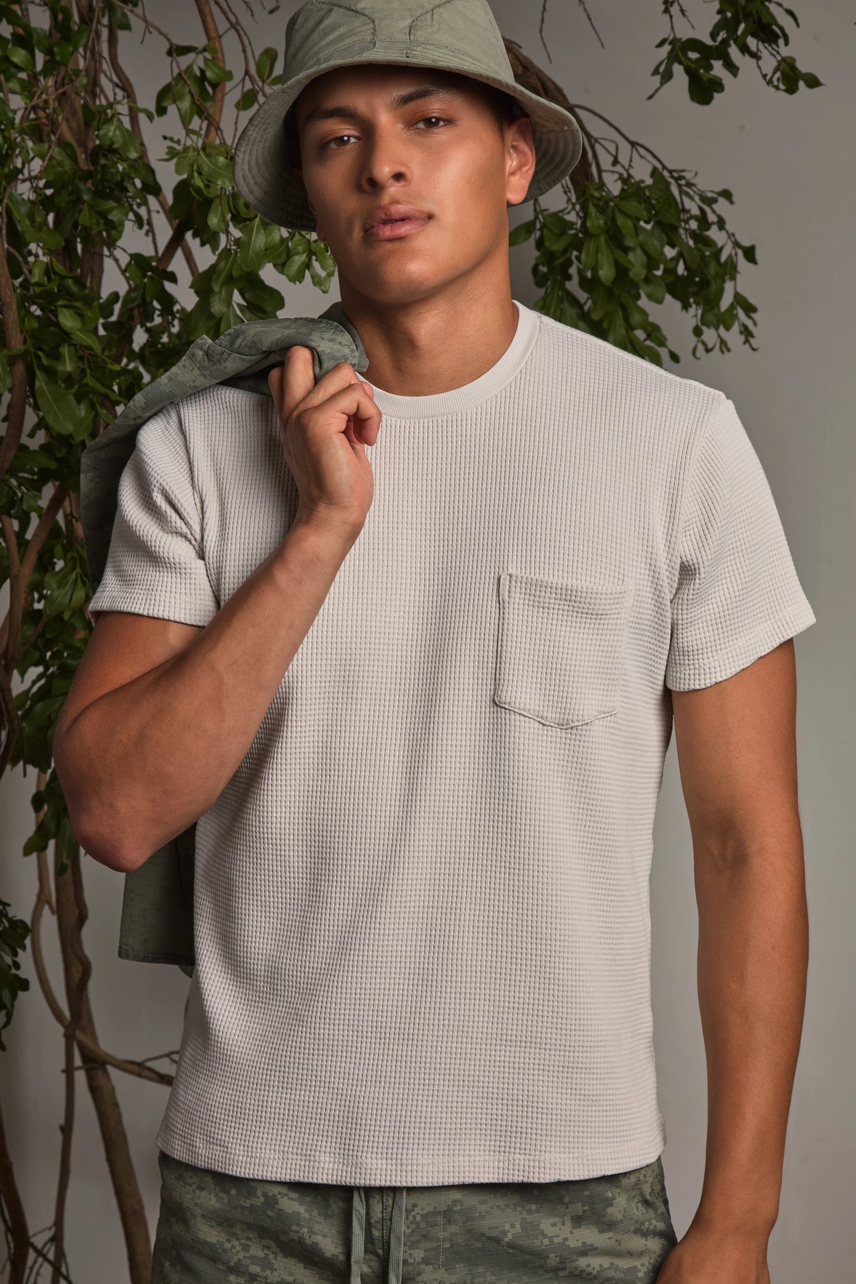 Light gray waffle pocket tee with short sleeves and crew neck