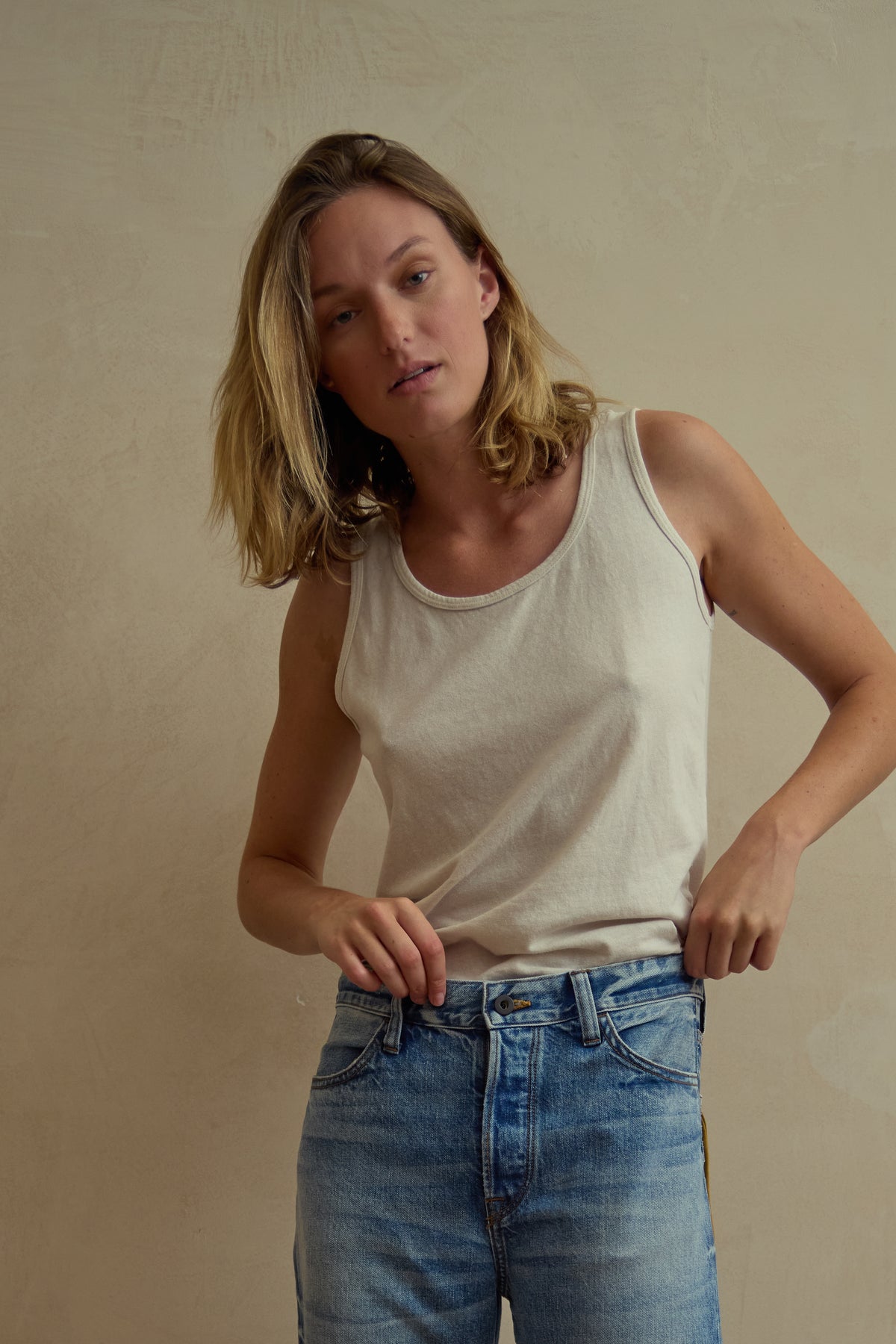 Light off-white organic cotton hemp tank top with scoop neckline