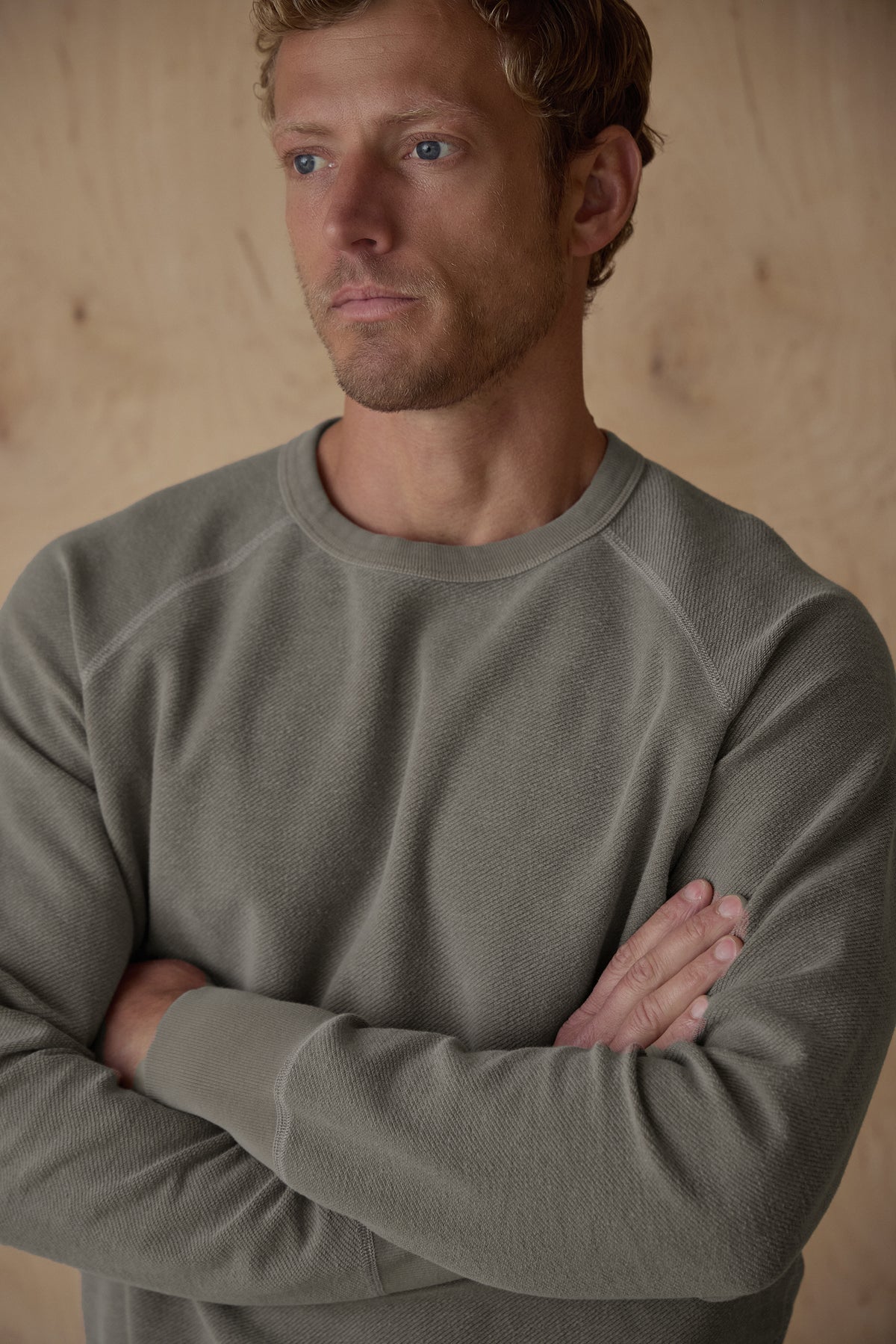 Reversible crewneck sweatshirt, heather gray close-up with contrast seam trim