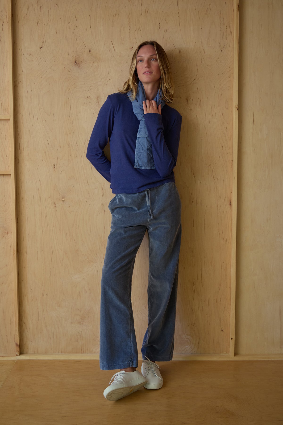 Boys easy cord pants in dark blue, elastic waist drawstring and wide-leg silhouette