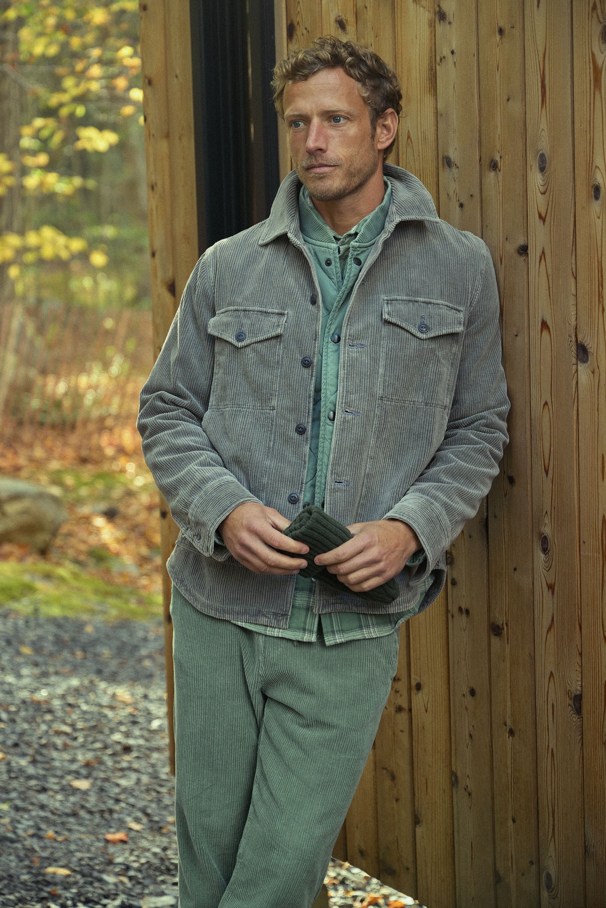 Wide wale corduroy trucker jacket, olive green, button-front with chest pockets