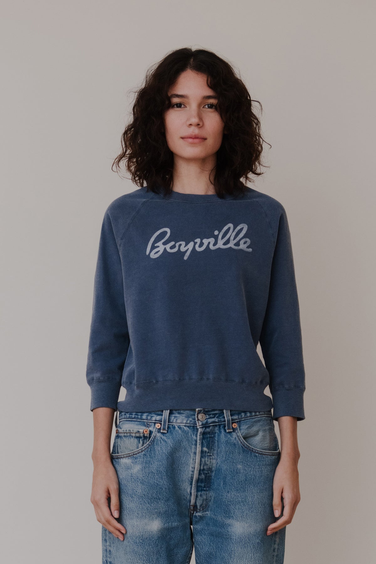 Boyville petrol blue 3/4 sleeve sweatshirt with front script logo, crewneck