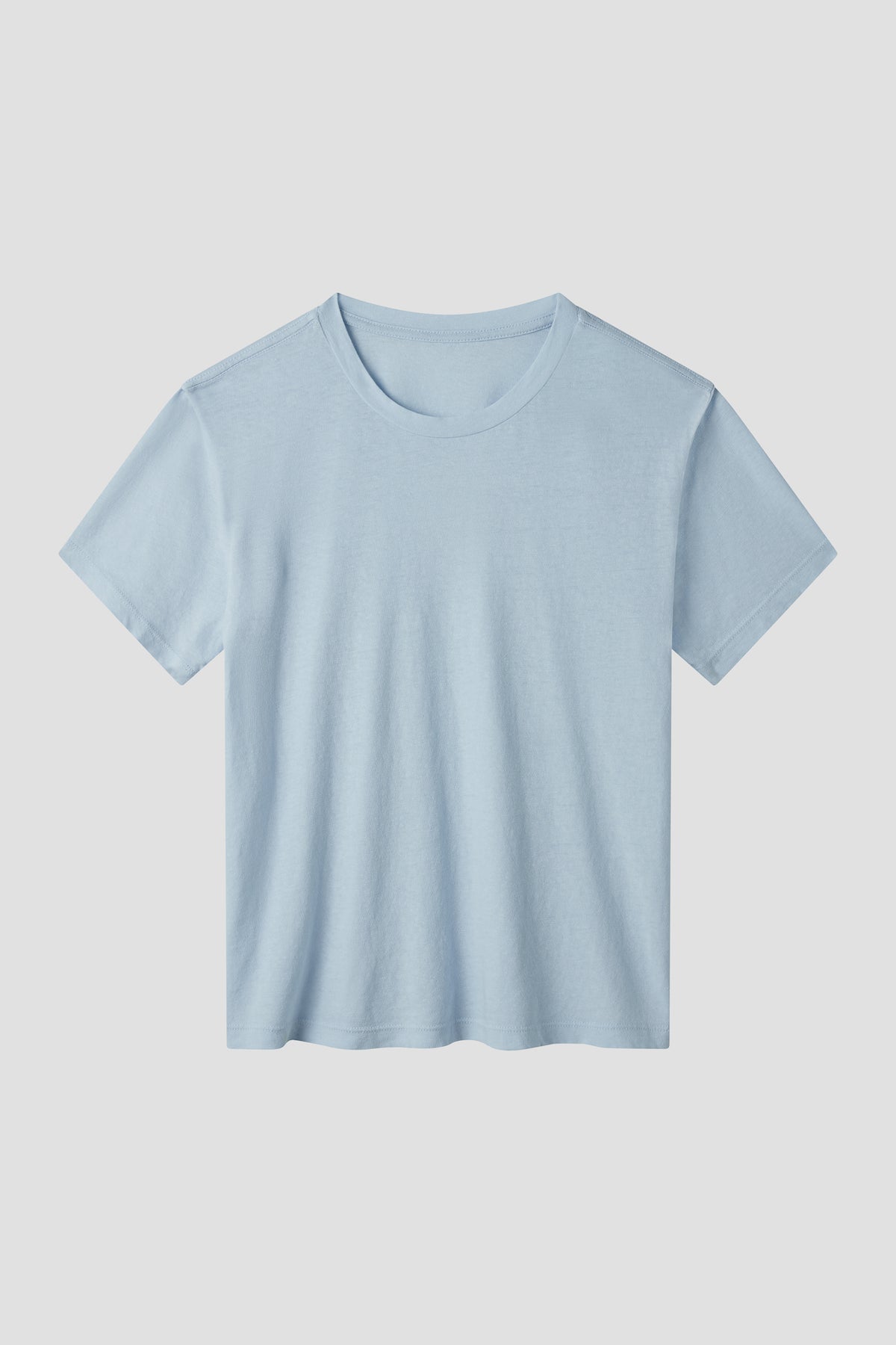 Light blue crew neck short-sleeve T-shirt with smooth knit and straight hem.