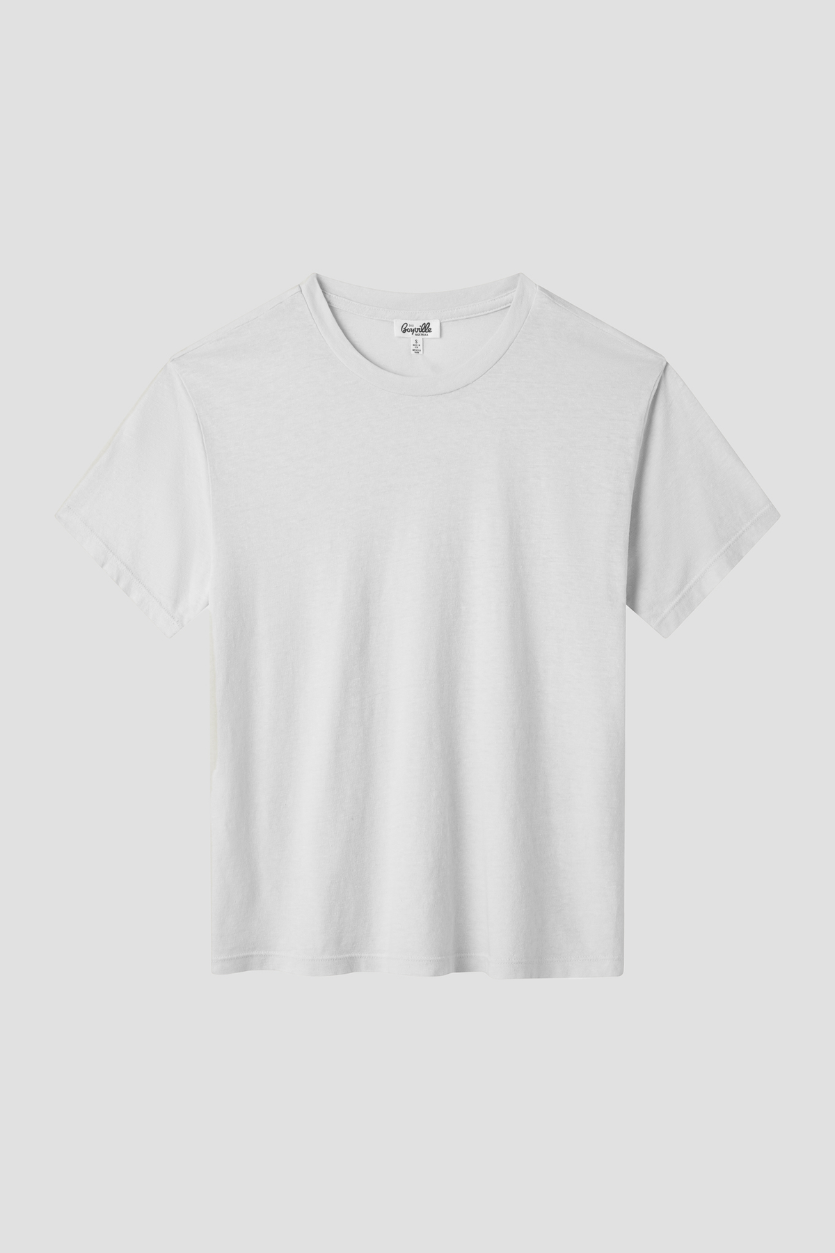 White crew neck short-sleeve T-shirt with smooth knit and minimal neckline tag.