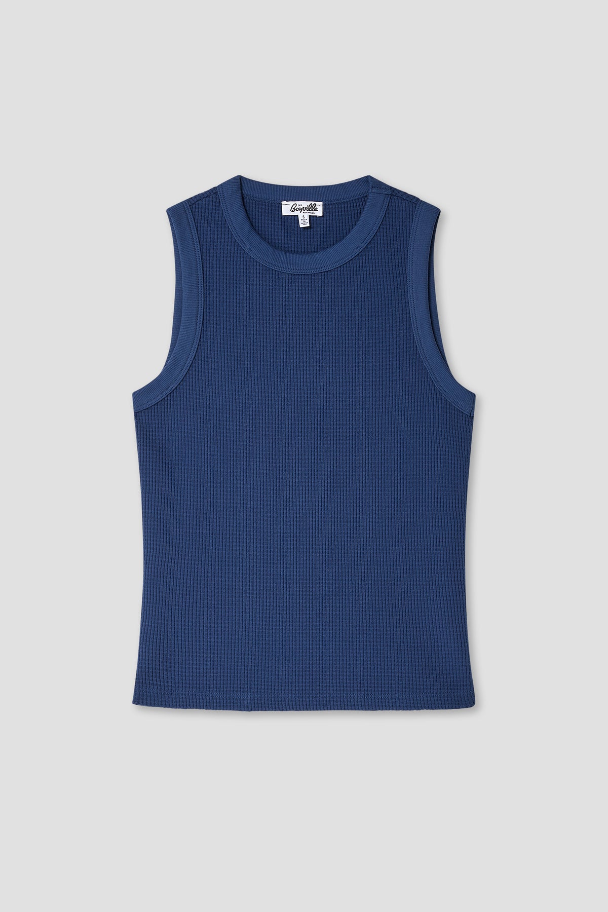 Navy waffle knit tank top with crew neckline