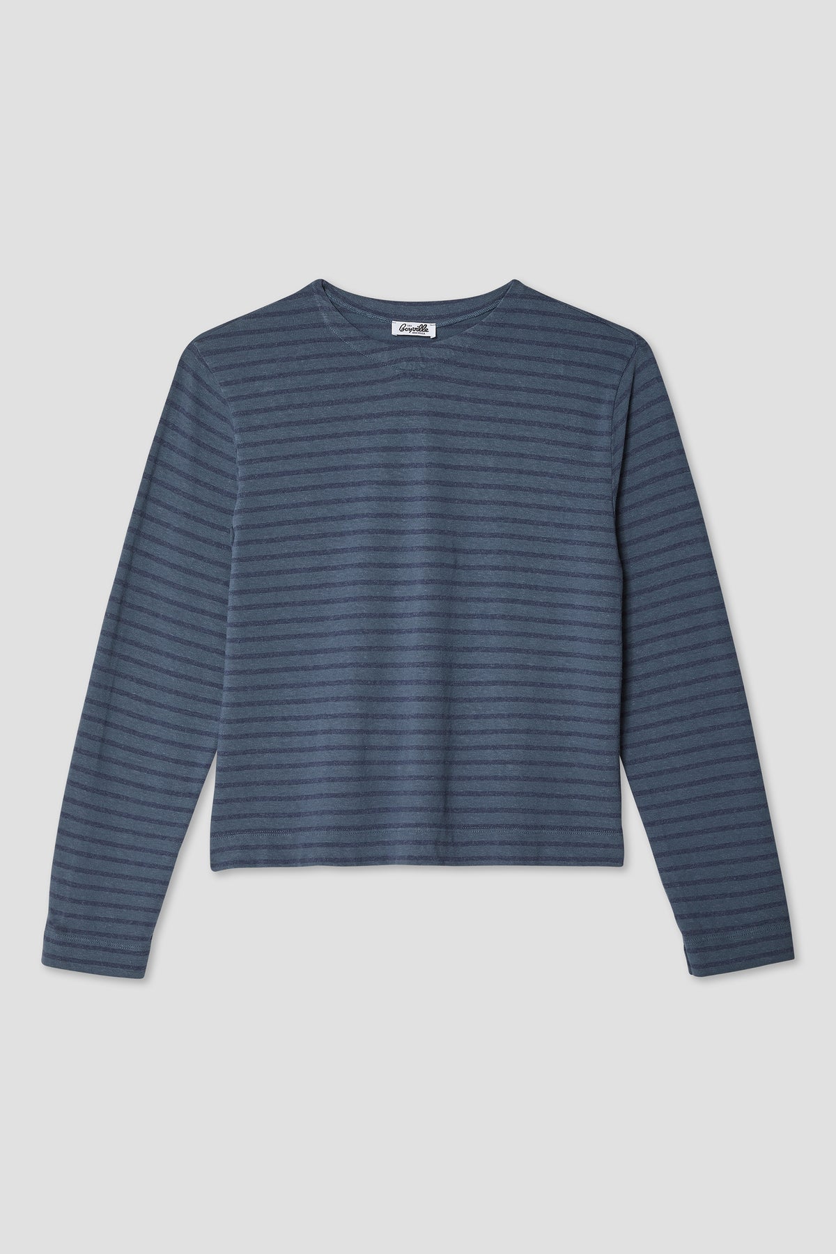 Dark blue striped long-sleeve boat-neck tee with boxy fit and ribbed neckline