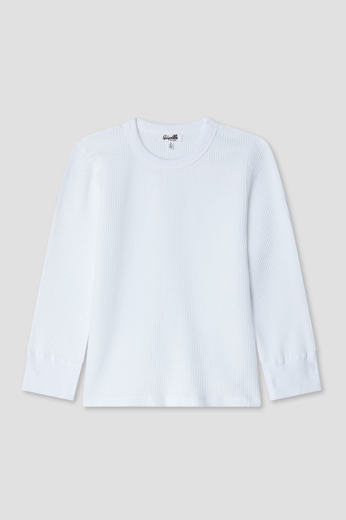 White waffle-knit 3/4-sleeve tee with crew neck