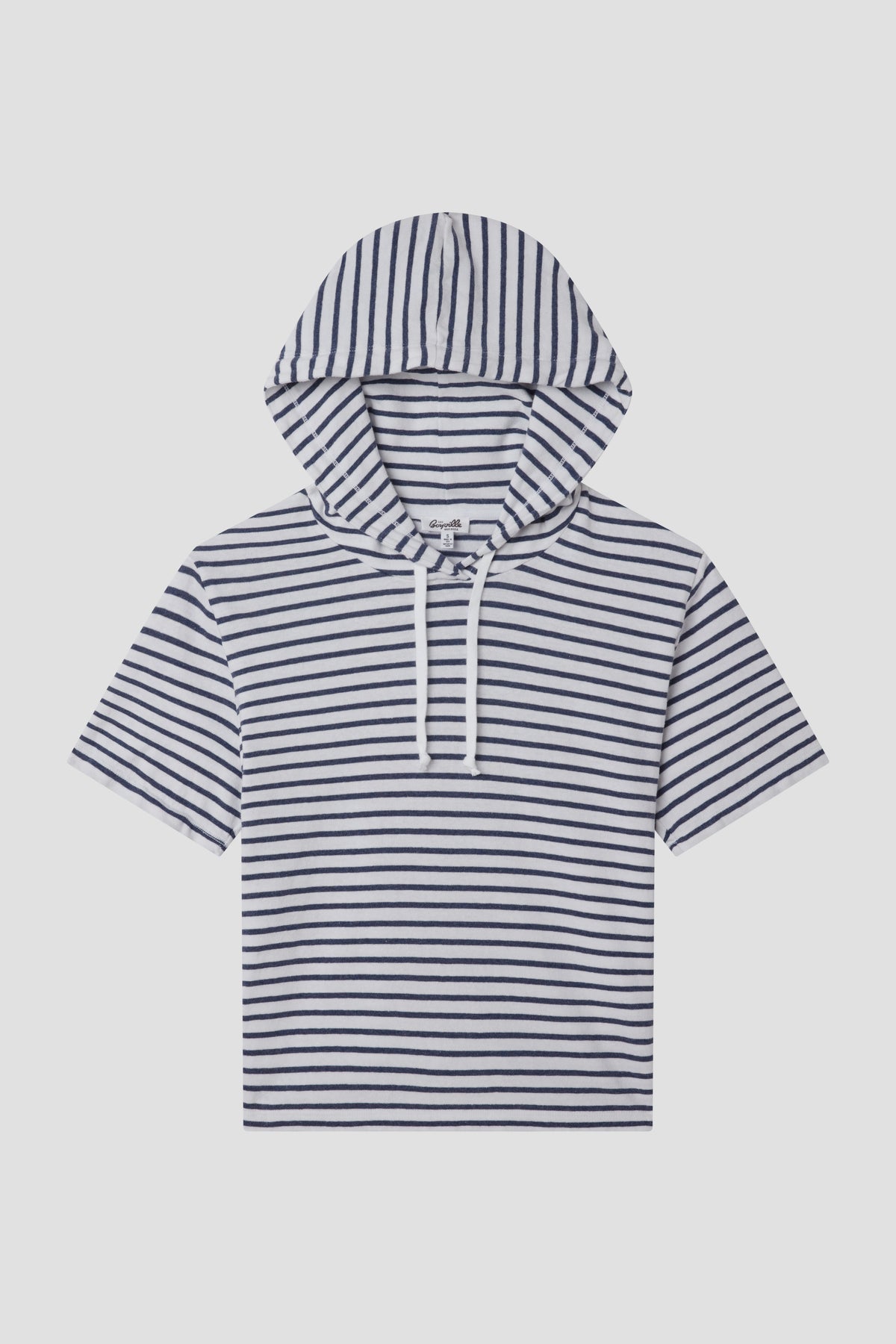 White striped hemp hoodie with hood, zipper front, and drawstring, short sleeves