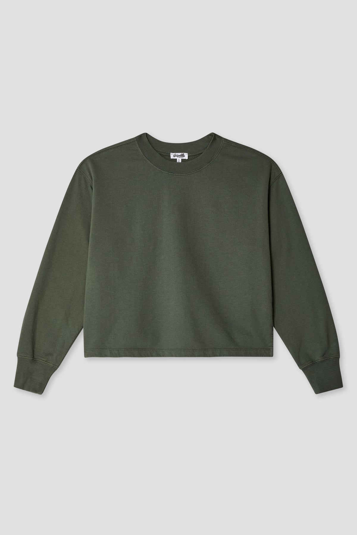 Dark green cropped fleece sweatshirt with long sleeves and crew neckline