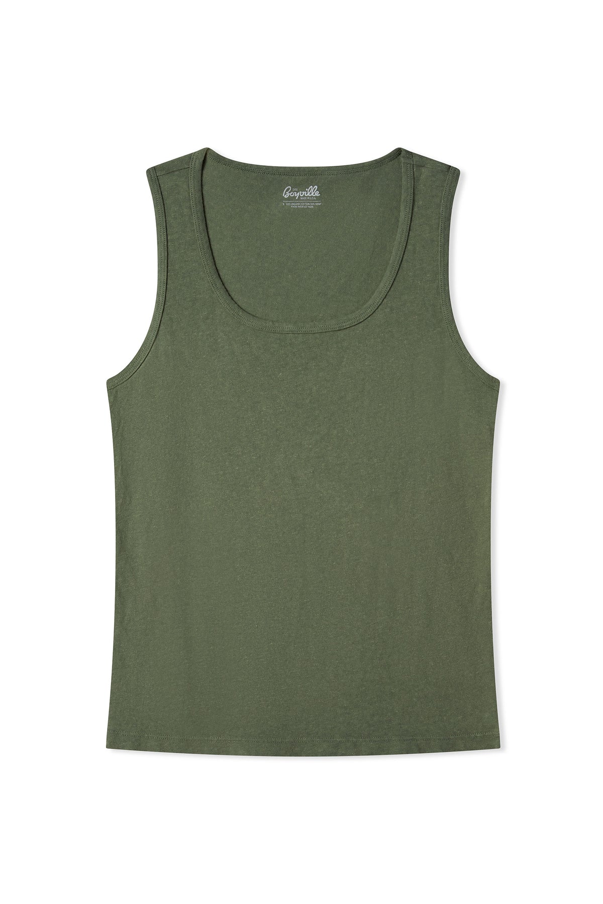 Dark green scoop-neck cotton-hemp tank top with wide straps and straight hem.