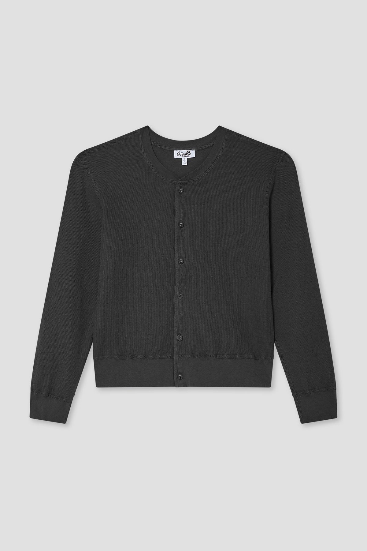 Black pointelle knit cardigan with button front and long sleeves