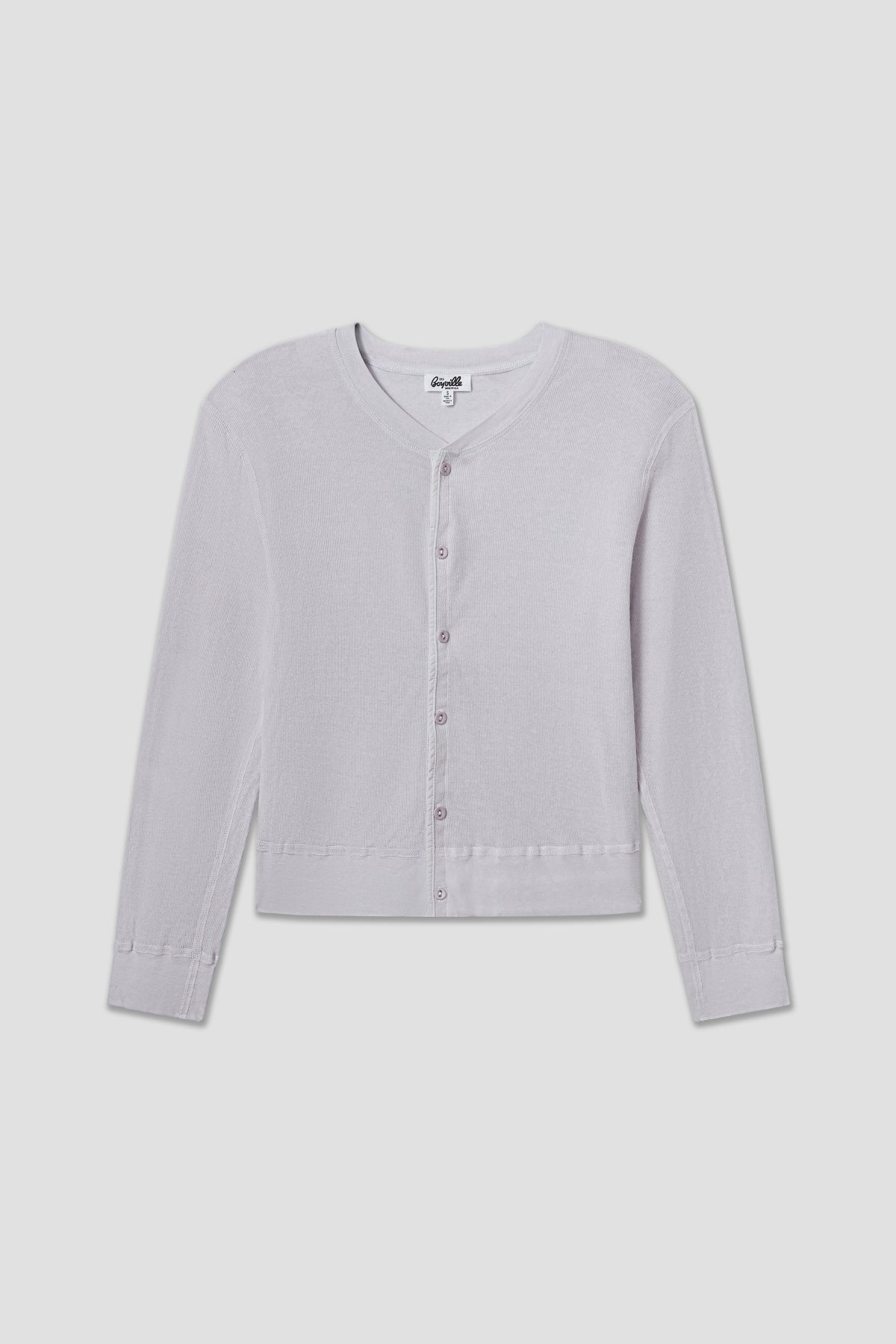 Light gray pointelle knit cardigan with button front and long sleeves