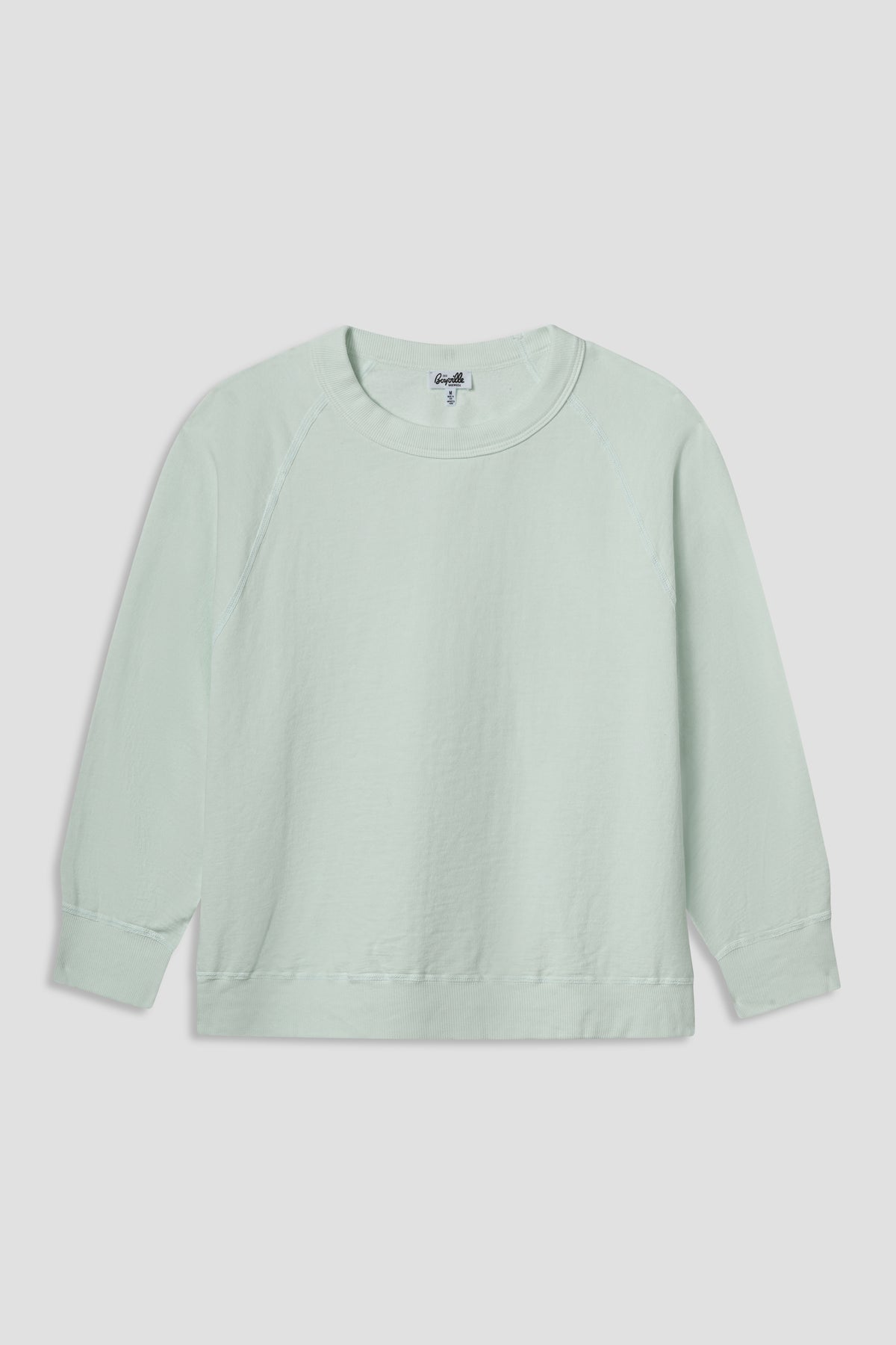 Boy 3/4 sleeve sweatshirt in light mint green, crew neck, raglan sleeves.