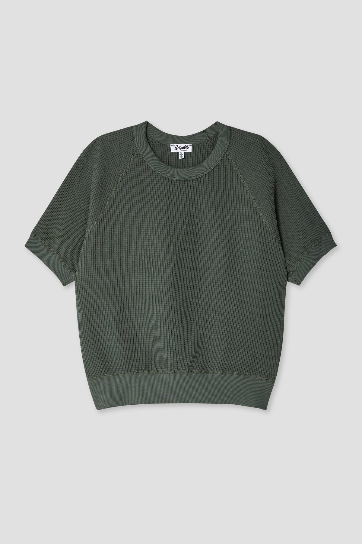 Dark green short-sleeve waffle sweatshirt with crew neck