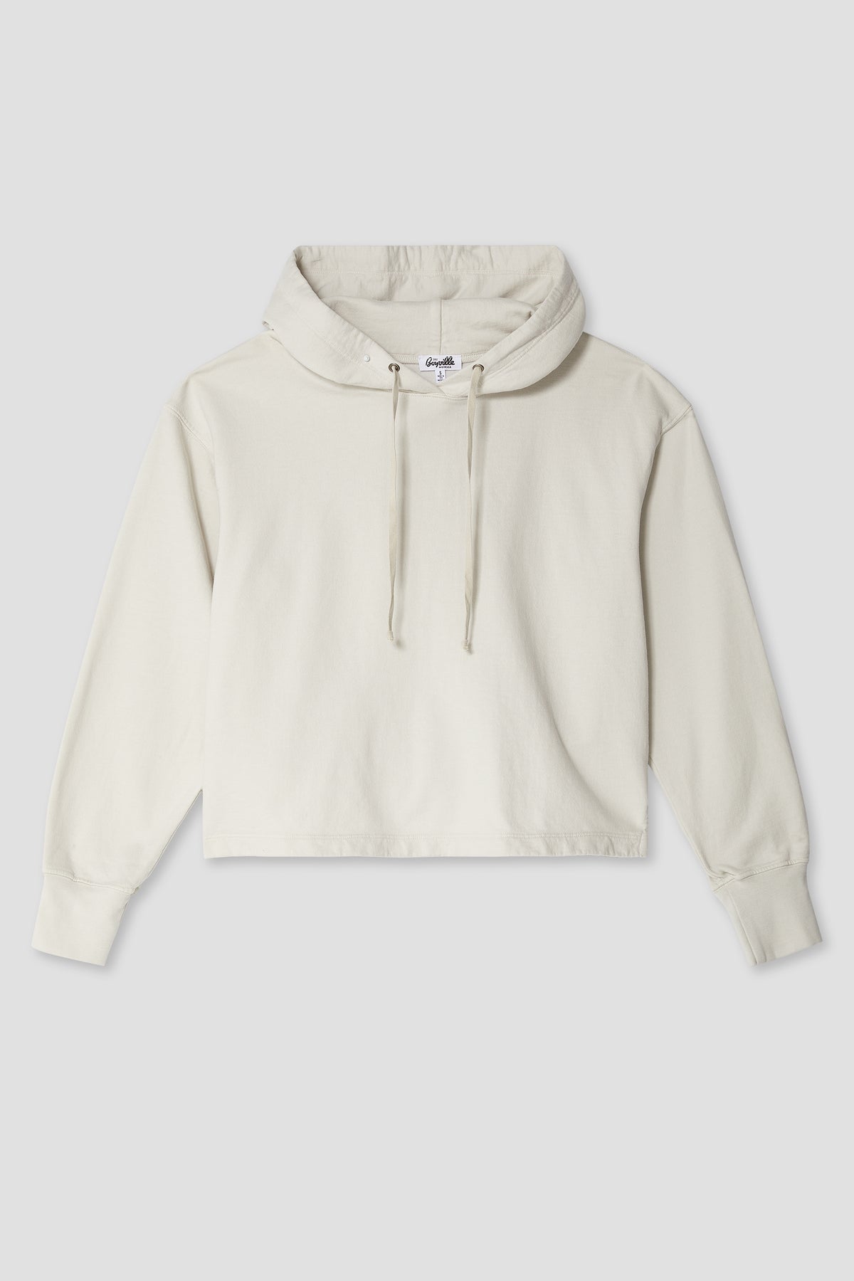 Cropped fleece hoodie in light color with hood, drawstring, and front pouch pocket