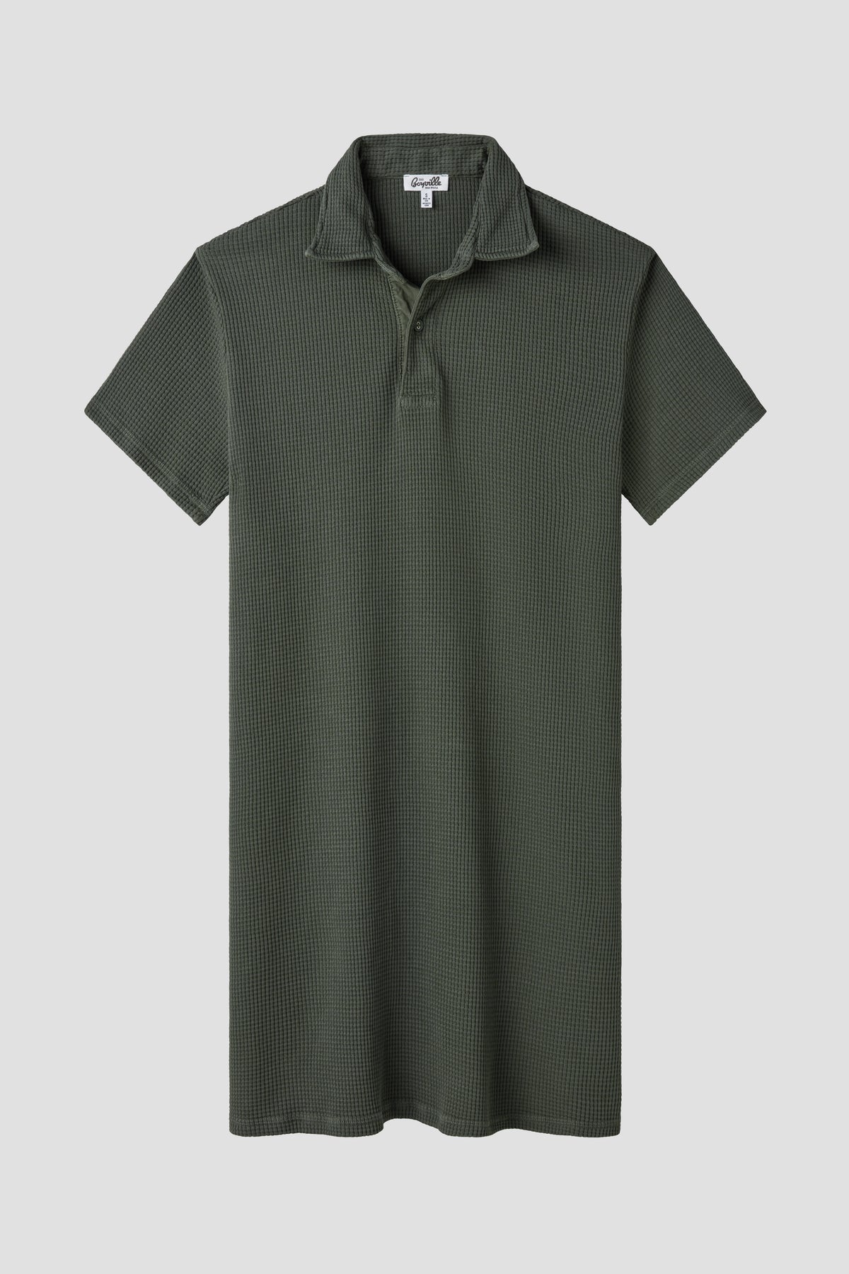 Green waffle polo dress with short sleeves, pointed collar, button placket, straight hem