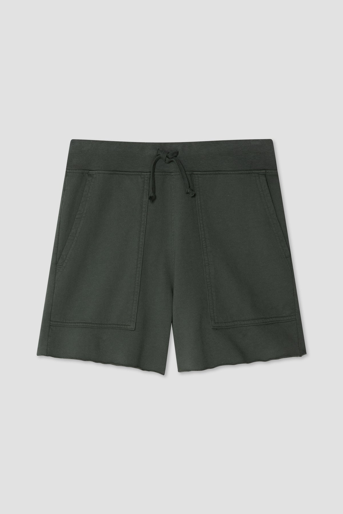 Deep green fleece utility shorts with drawstring waist and side pockets