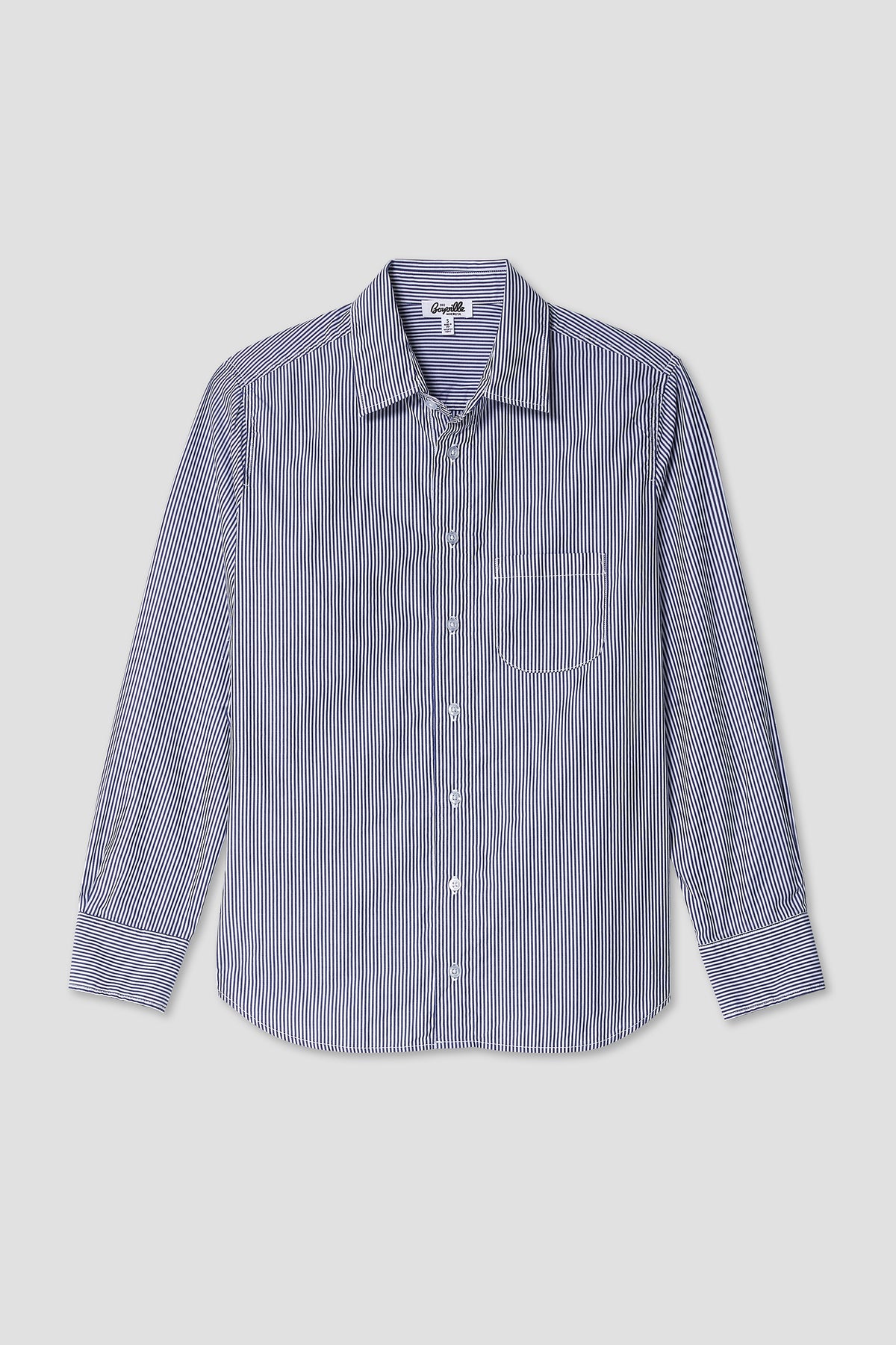 Blue micro-striped button-up shirt with button front and chest pocket