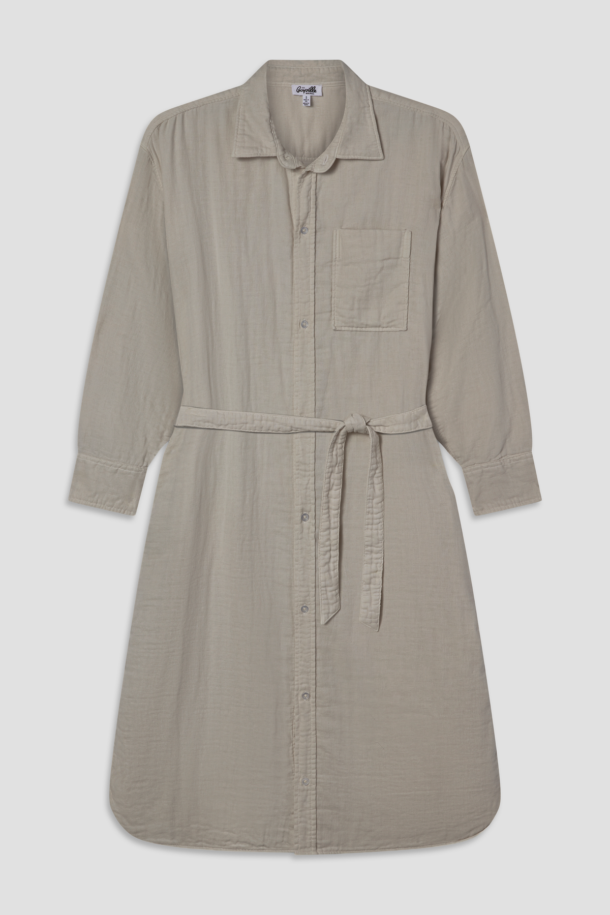 Taupe gauze shirt dress with button front, chest pocket, tie waist, three-quarter sleeves