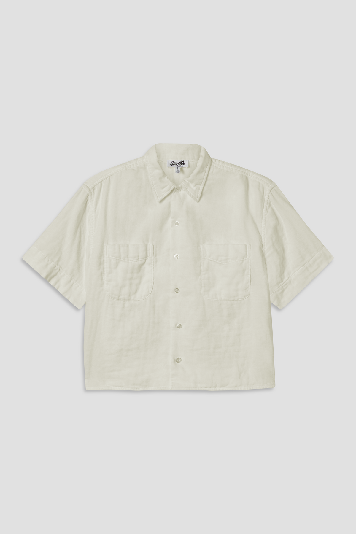 Cream triple gauze short-sleeve button-up shirt with chest patch pockets