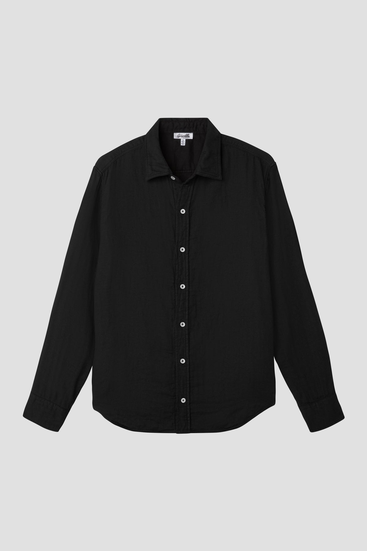 Black oversized gauze button-front shirt with long sleeves and pointed collar