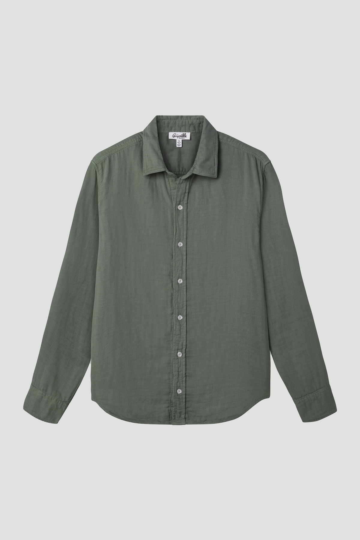Basil green oversized gauze button-front shirt with long sleeves and pointed collar