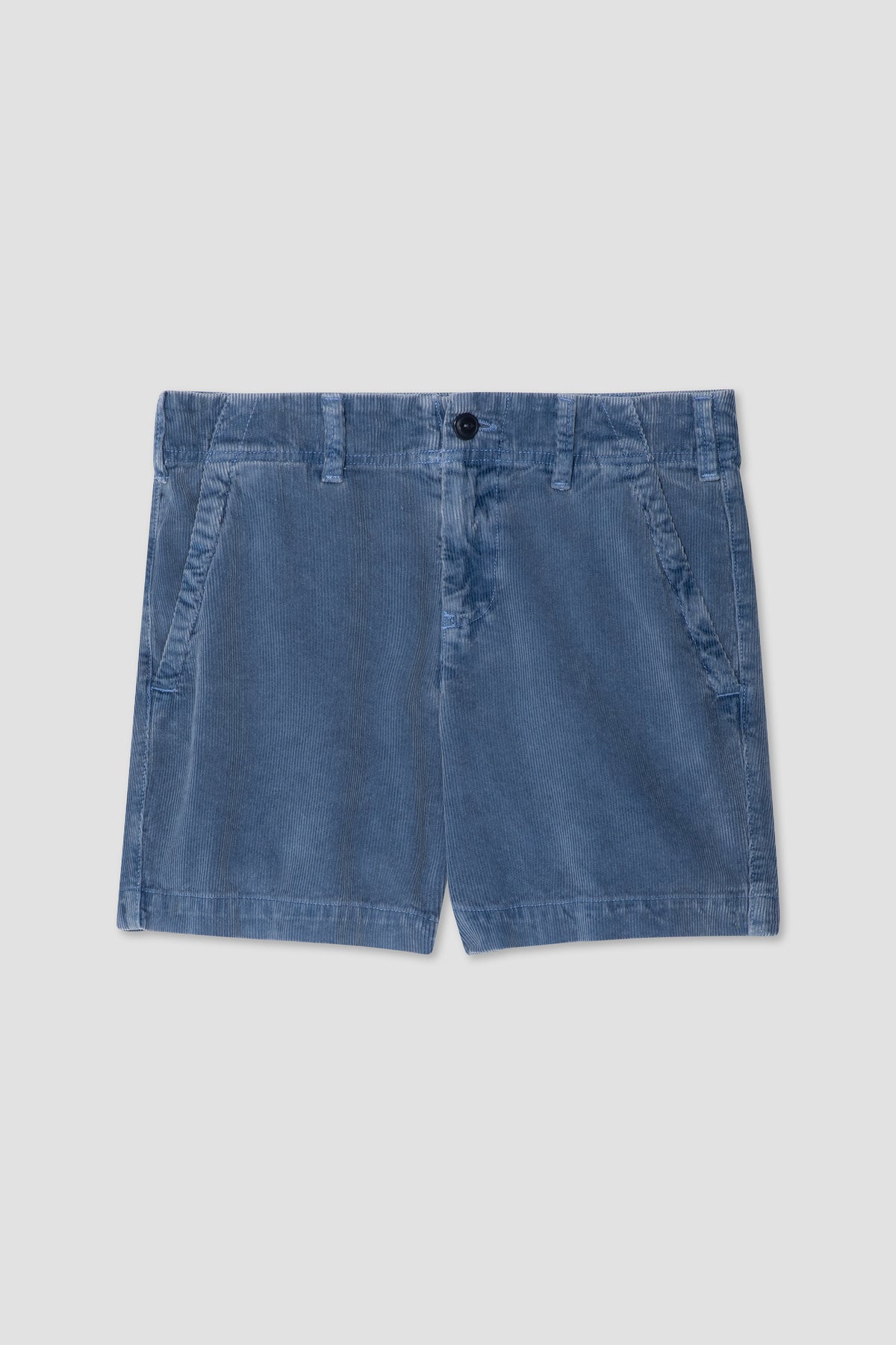 Corduroy shorts in medium blue, front view with button closure and belt loops