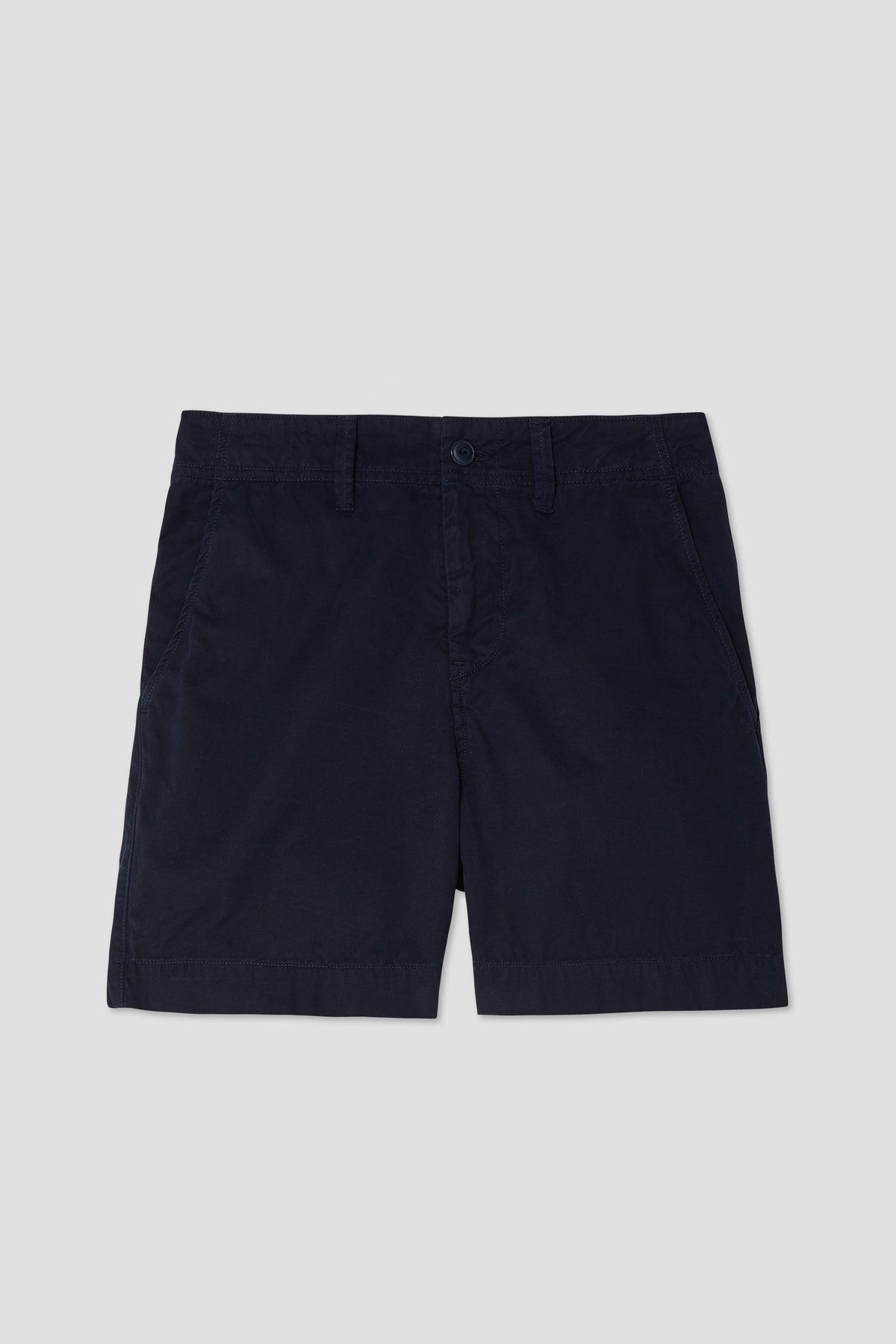 Dark navy twill shorts with front pockets and belt loops