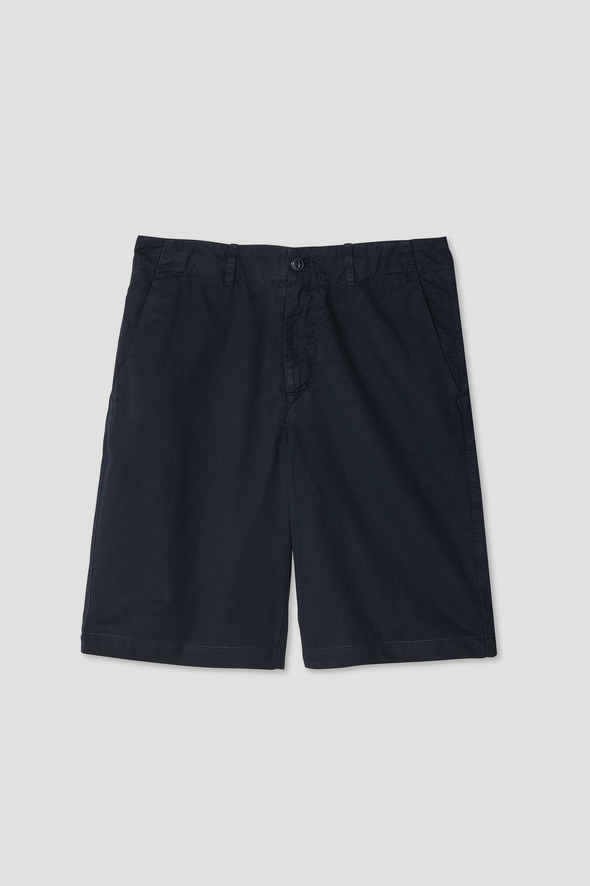 Navy long line shorts for boys with button closure and side pockets
