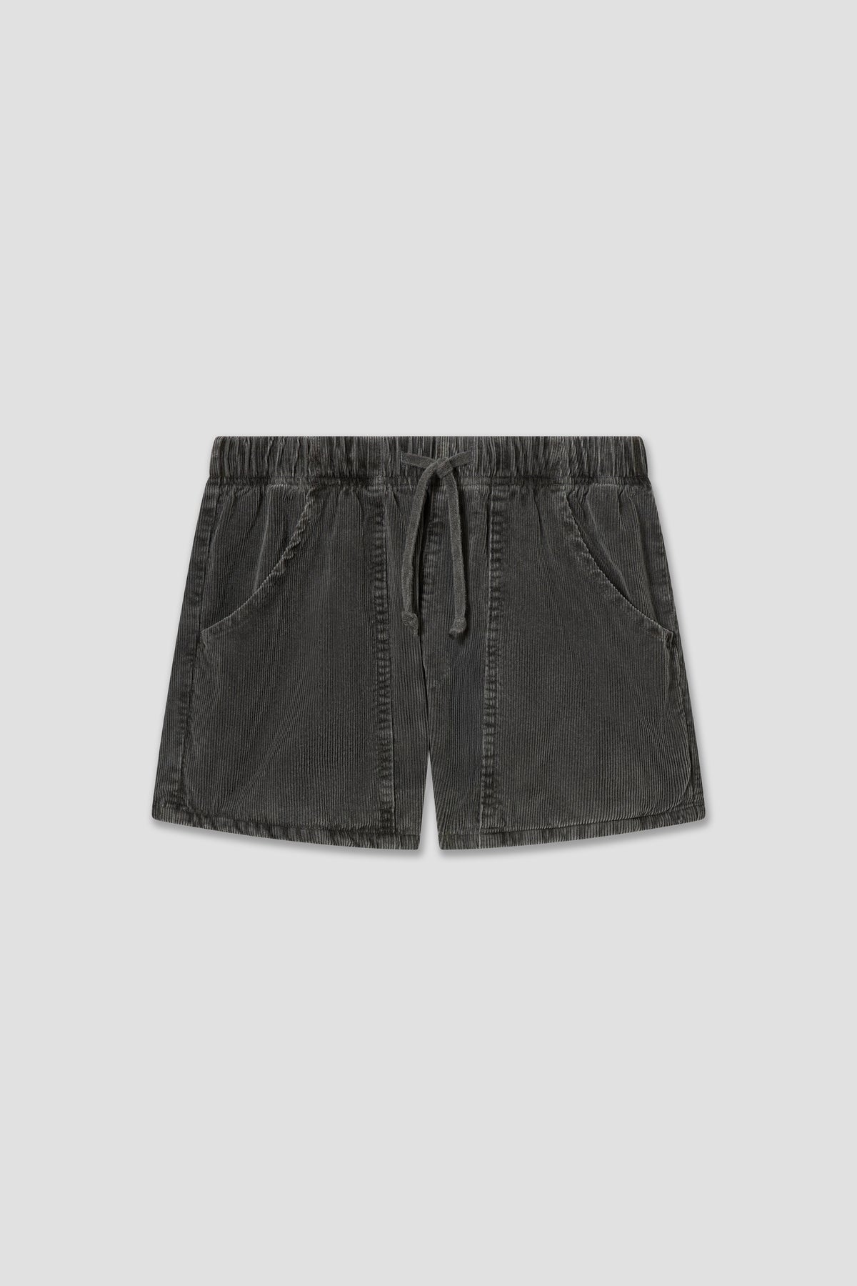 Boys cord surf shorts in dark gray, elastic waistband with drawstring and side pockets.