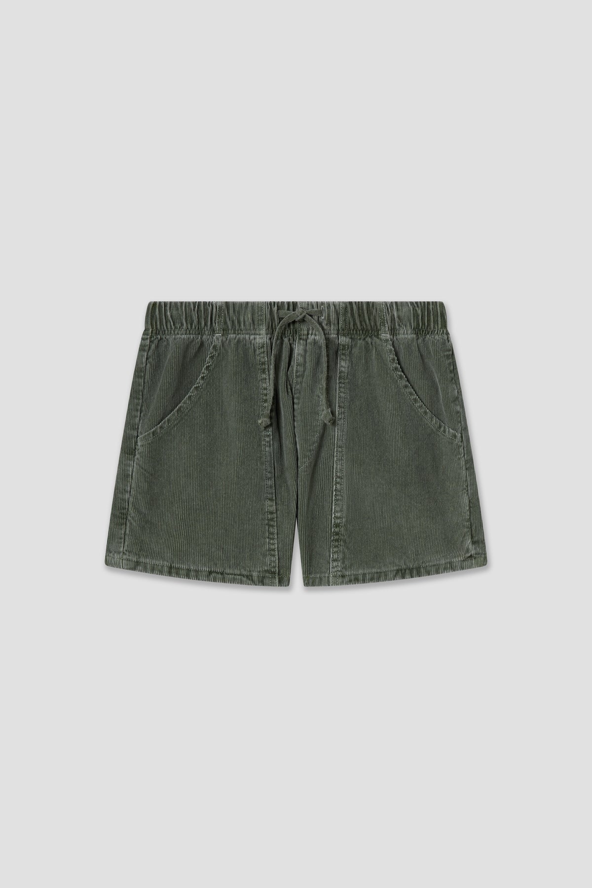 Boys cord surf shorts in green, elastic waistband with drawstring and side pockets.