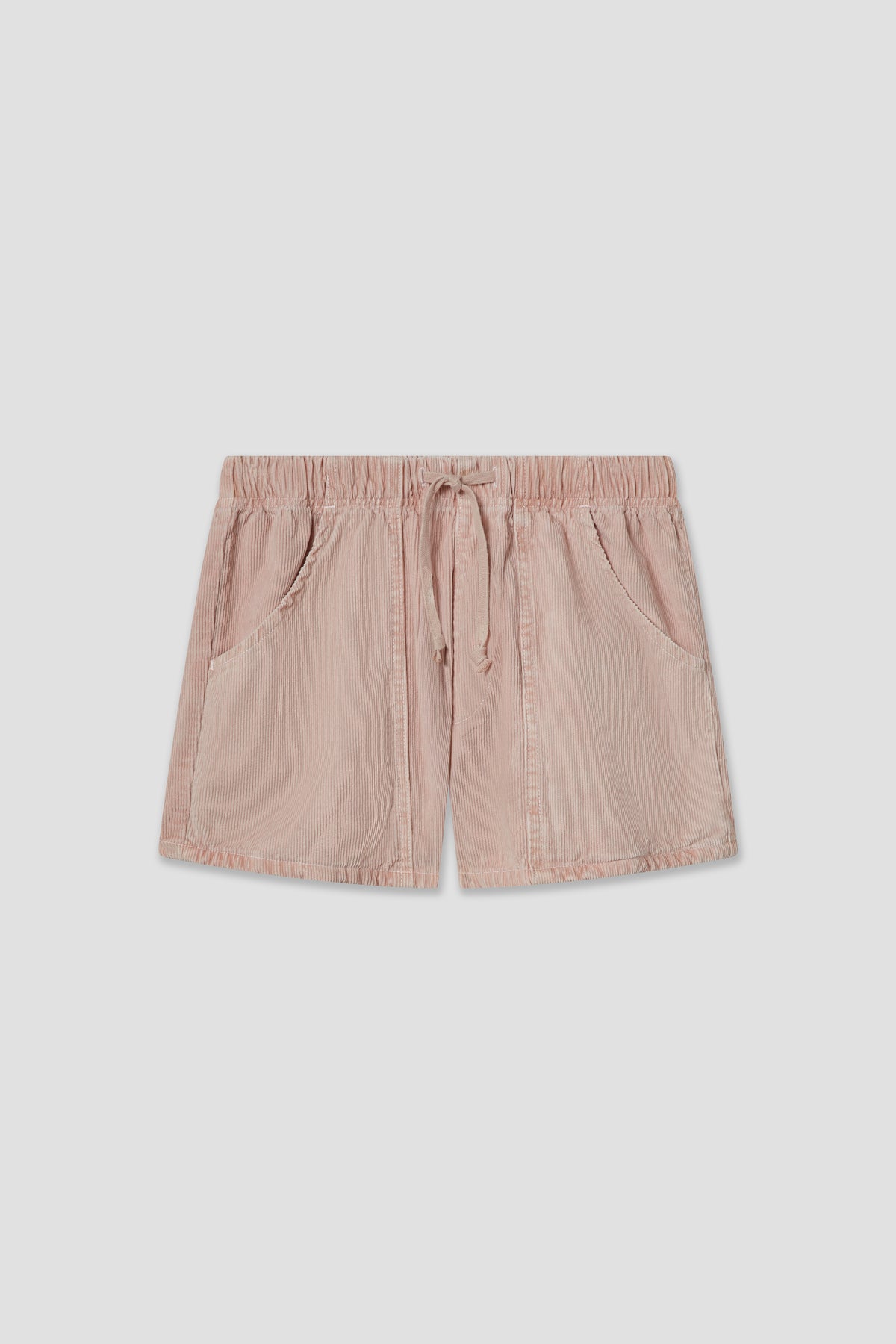 Boys cord surf shorts in pink, elastic waistband with drawstring and side pockets.