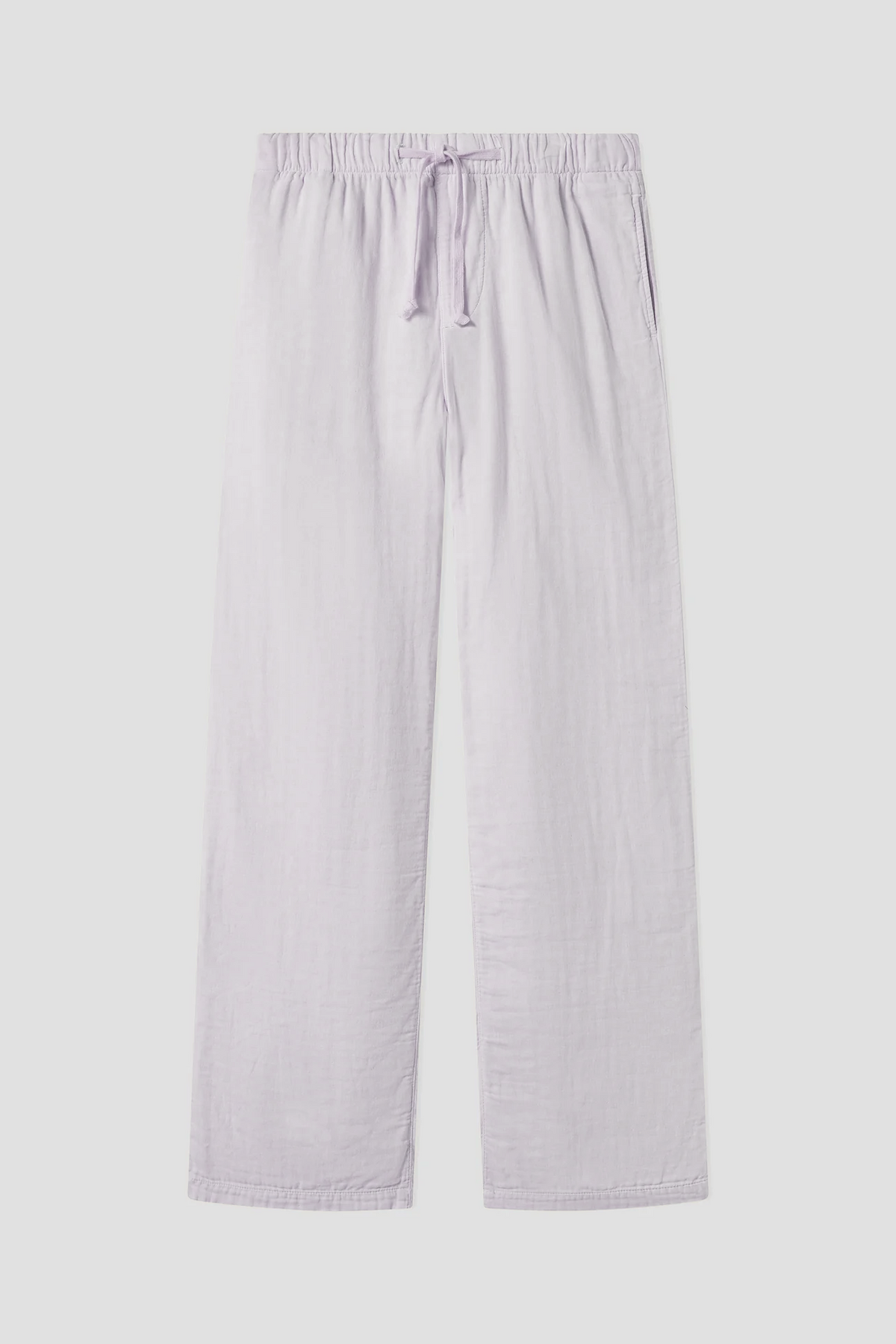 Light purple triple-gauze pants with elastic waistband and drawstring, wide-leg