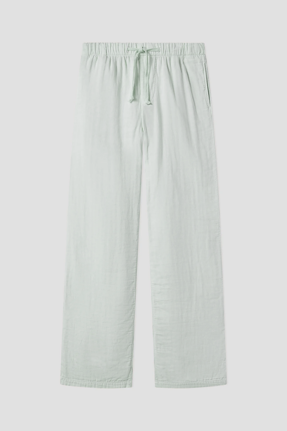 Mint green triple-gauze pants with elastic waistband and drawstring, wide-leg