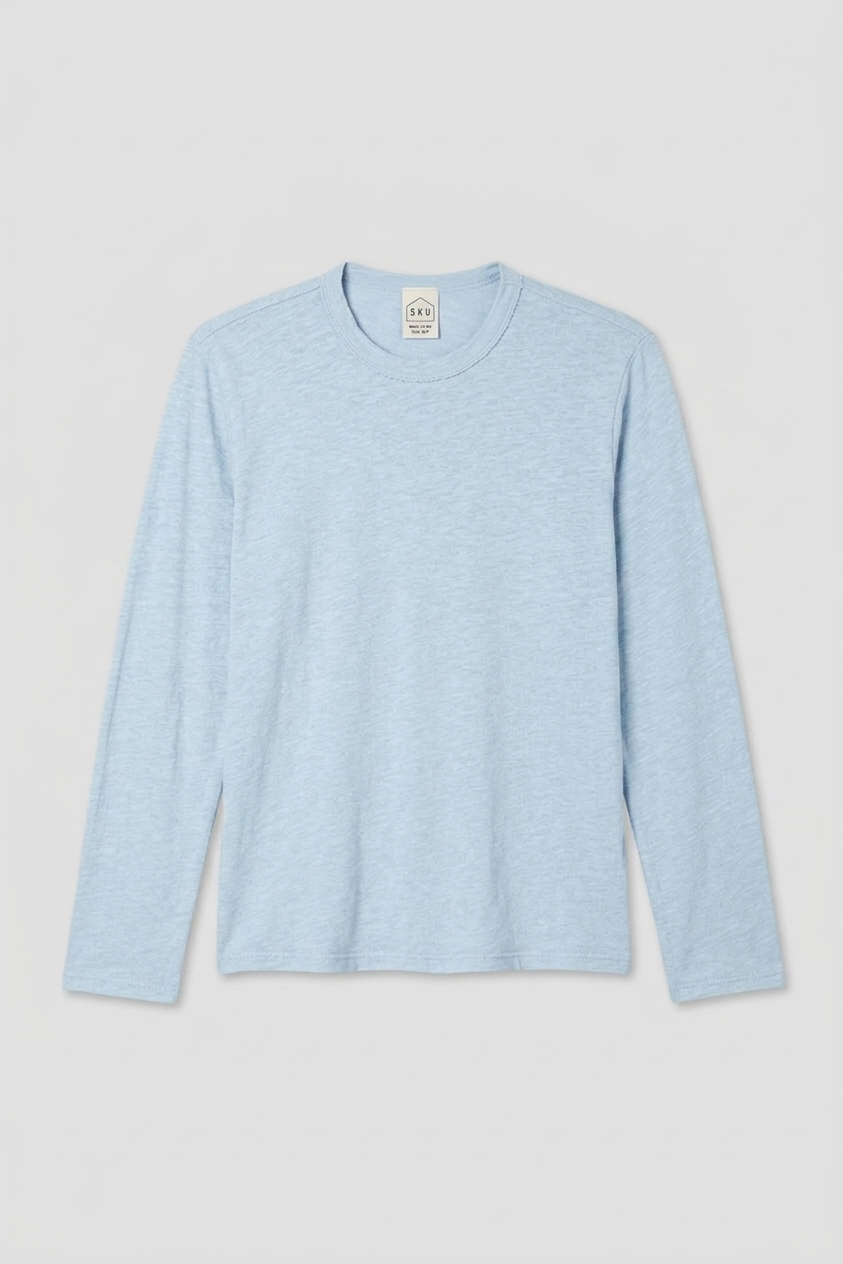 Light blue long-sleeve crewneck tee in organic cotton and hemp