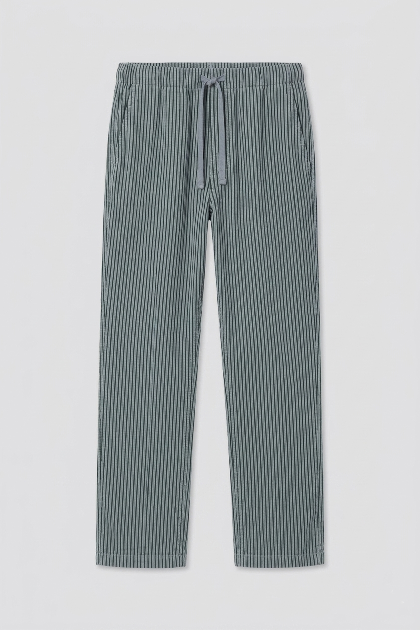 Blue-gray striped easy chino pants with drawstring elastic waist