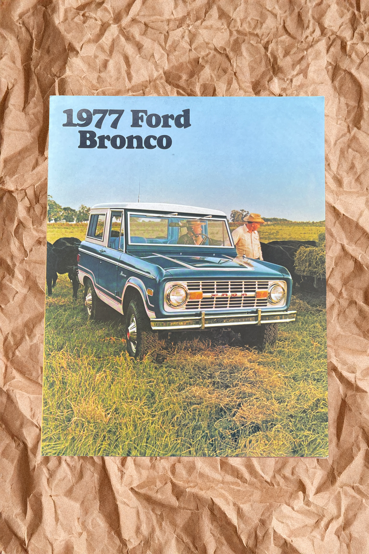 1977 Ford Bronco sales brochure cover with blue truck on grassy field
