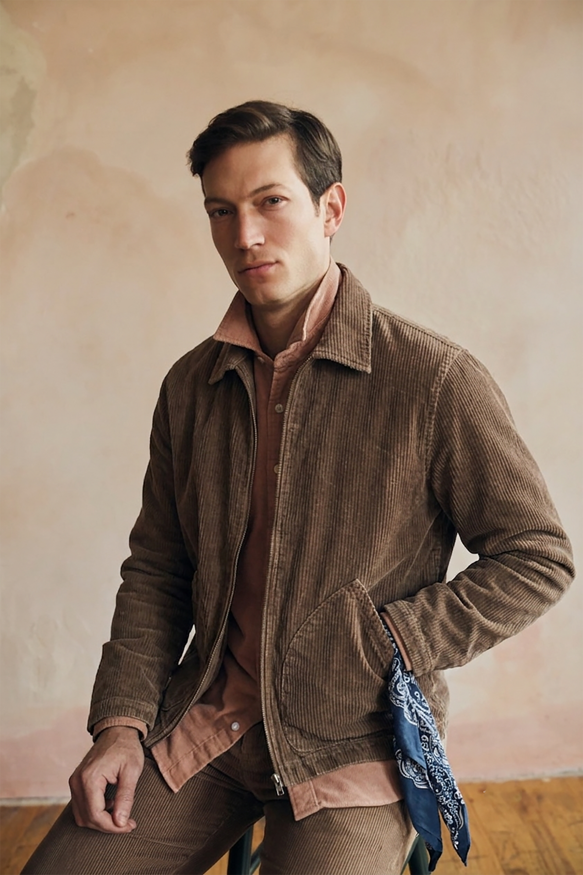 Cord Easy jacket on model, brown corduroy zip-up with chest pocket and collar