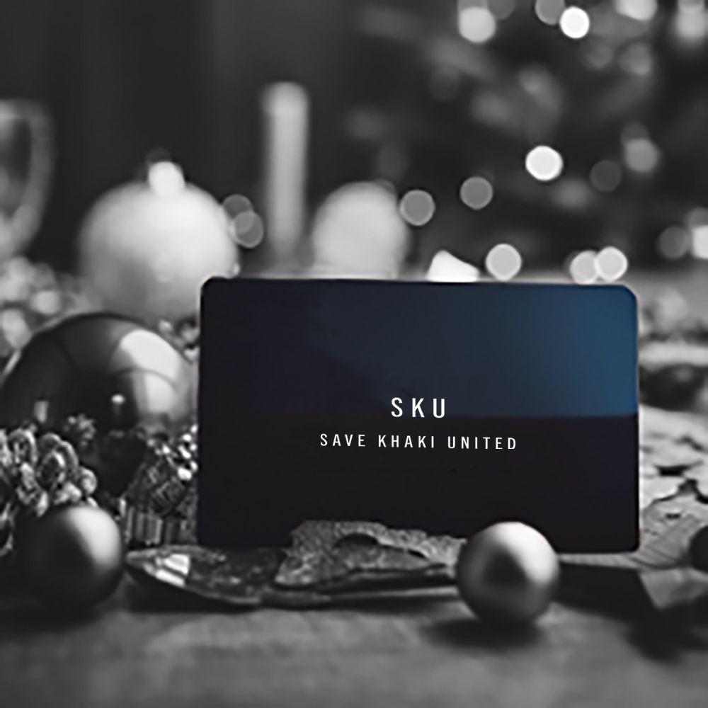 Blue SKU gift card with SAVE KHAKI UNITED text, rounded corners