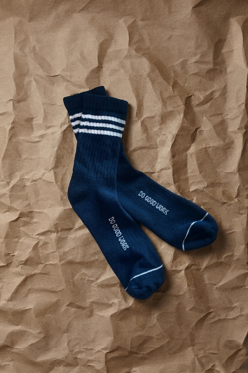 DO GOOD WORK socks in navy with white striped cuffs and printed side lettering