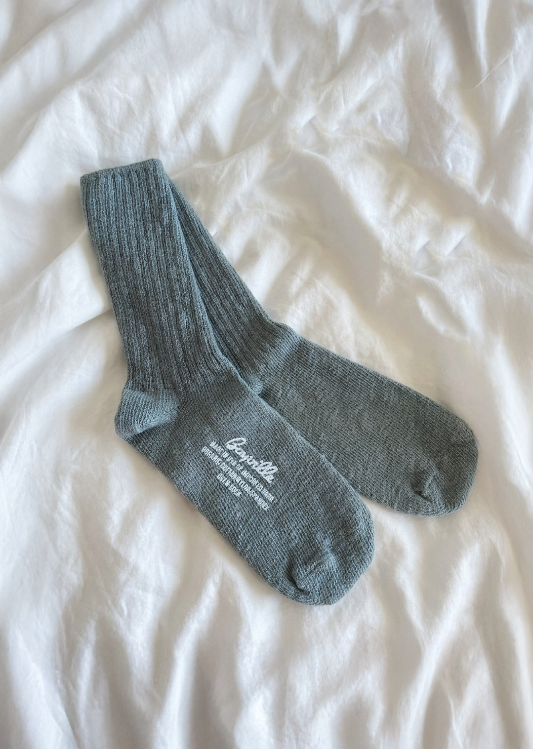 Heather blue crew sock, ribbed knit cuff and toe